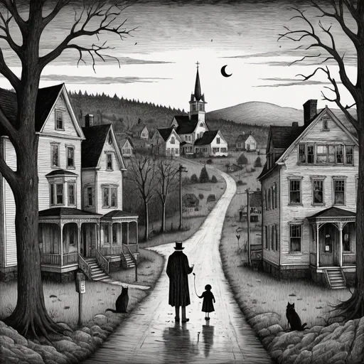 Edward Gorey style illustration of Littleton, NH wit...