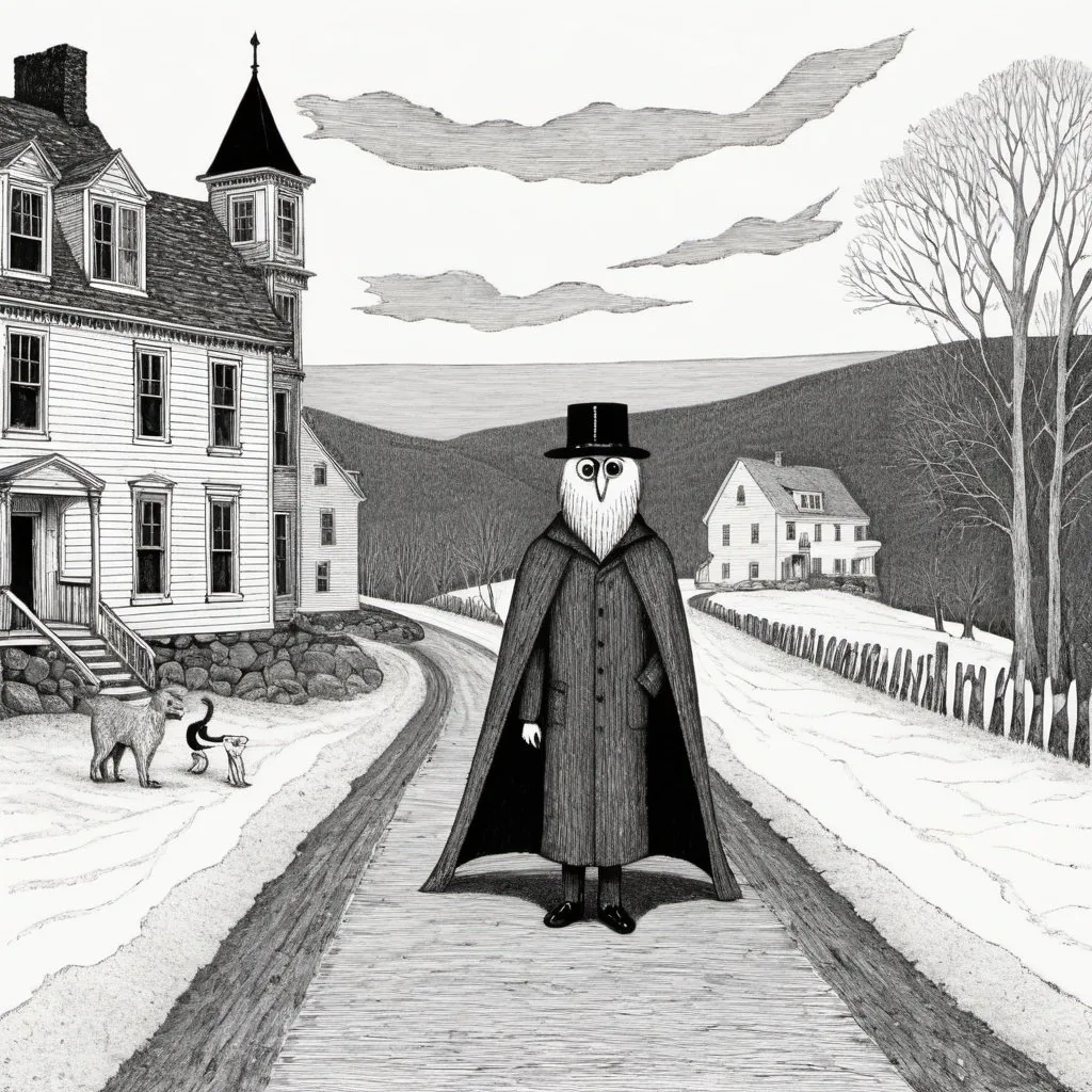 Prompt: An Edward Gorey style portrayal of New Hampshire 