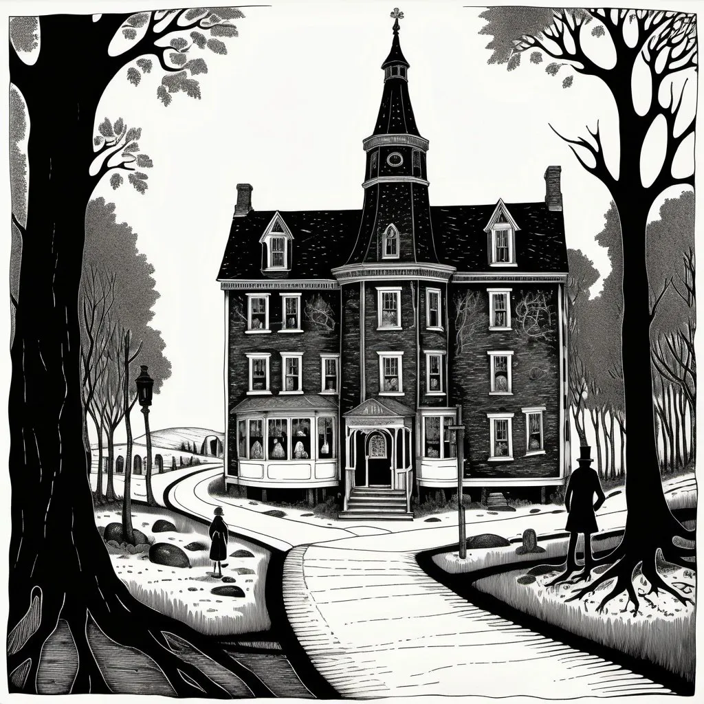 Prompt: Edward Gorey style illustrations of eerie and mysterious town, vintage New Hampshire setting, gothic vibe, black and white, pen and ink, detailed linework, macabre storytelling, highly detailed, vintage, eerie atmosphere