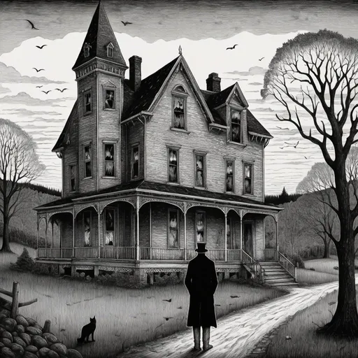 Prompt: Edward Gorey style illustration of Littleton, NH with eerie and mysterious atmosphere, overcast sky, vintage New Hampshire setting, gothic vibe, black and white, pen and ink, detailed linework, macabre storytelling, highly detailed, highres, vintage, eerie atmosphere, with person at their remote home 