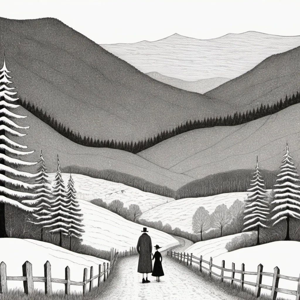 Prompt: An Edward Gorey style portrayal of New Hampshire, set in the White Mountains 