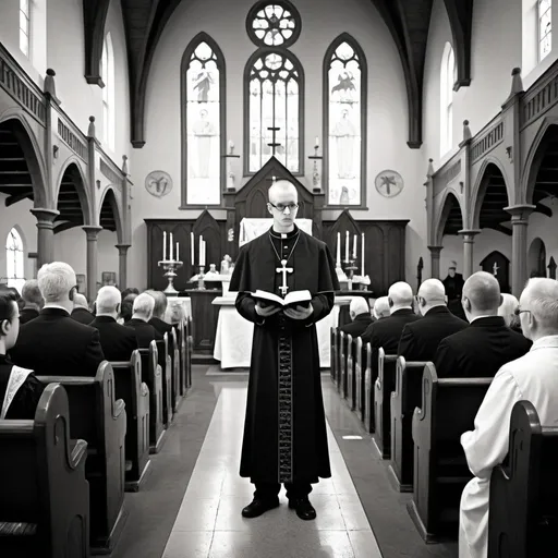 Prompt: edward gorey style catholic priest doing mass, in a packed church. slighly steampunk. black and white palette