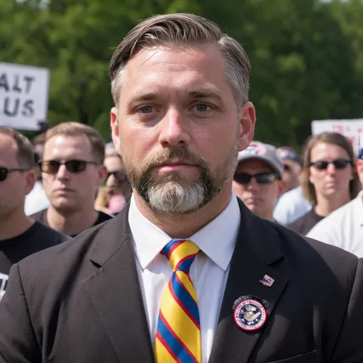 Prompt: photo of an alt-right trad male in his 40s at a rally