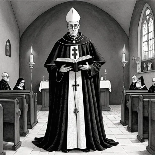 Prompt: edward gorey style catholic priest doing mass