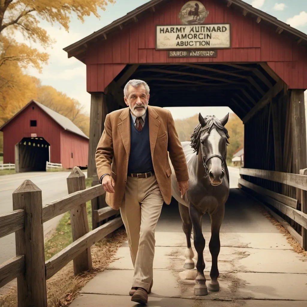 Prompt: Political ad for hairy Italian American man in his 60s, covered bridge, Pollyanna statue, horse abduction, crumbling sidewalks, rural setting, highres, detailed, political, nostalgic, vintage, warm tones, natural lighting