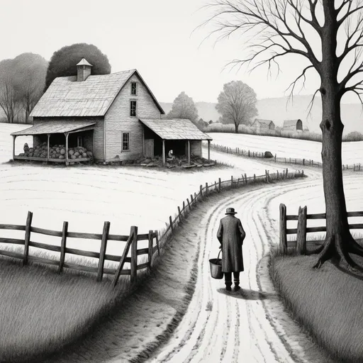 Prompt: scene in style of Edward Gorey, with one elderly poor person working on an early 1900s farm by himself. In New Hampshire. Eerie setting. Black and white. Drawn picture with cross hatching.