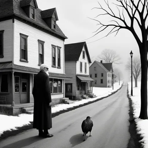 Prompt: Small town scene in style of Edward Gorey, with one elderly poor person. Inspired by Romaine Tenney from Vermont. Macabre, eerie setting. Black and white.