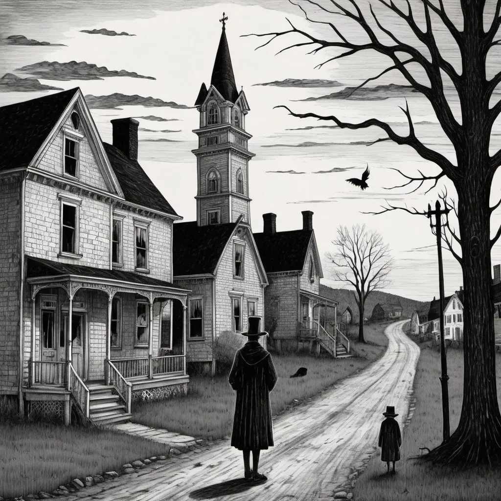 Prompt: Edward Gorey style illustration of Littleton, NH with eerie and mysterious atmosphere, overcast sky, vintage New Hampshire setting, gothic vibe, black and white, pen and ink, detailed linework, macabre storytelling, highly detailed, highres, vintage, eerie atmosphere, with sparse townspeople 