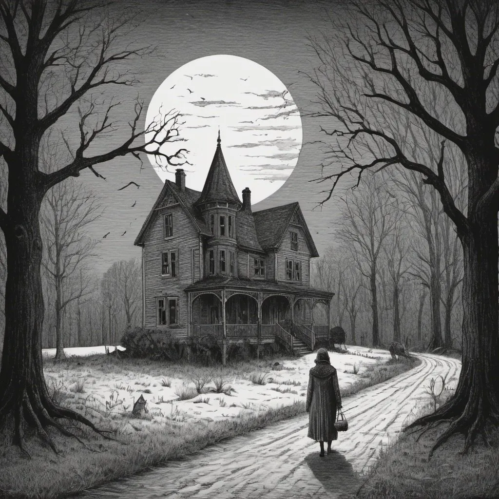 Prompt: Edward Gorey style illustrations of eerie and mysterious atmosphere, vintage New Hampshire setting, gothic vibe, black and white, pen and ink, detailed linework, macabre storytelling, highly detailed, vintage, eerie atmosphere