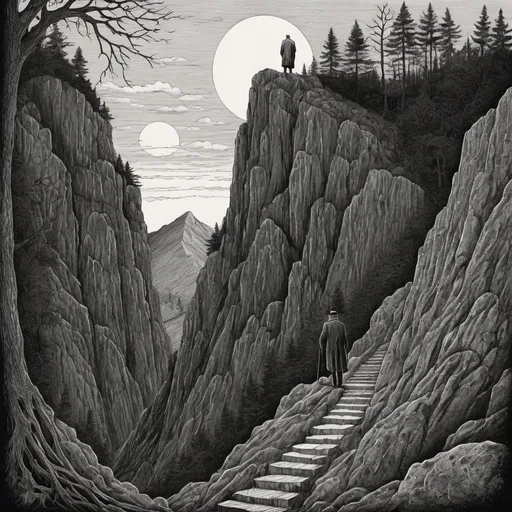 Prompt: Edward Gorey style illustration of The Old Man of the Mountain  with eerie and mysterious atmosphere, vintage New Hampshire setting, gothic vibe, black and white, pen and ink, detailed linework, macabre storytelling, highly detailed, vintage, eerie atmosphere