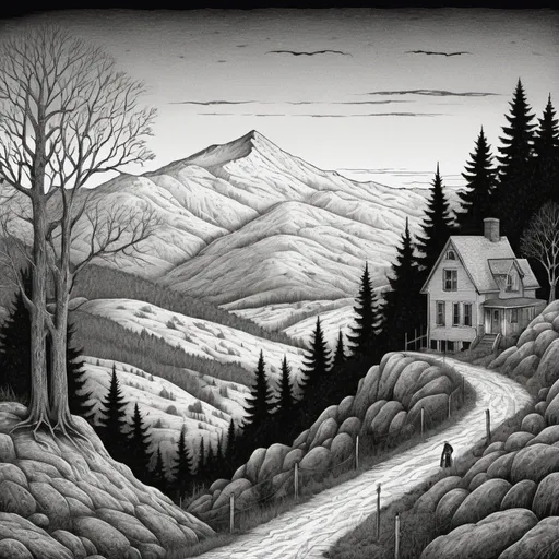 Prompt: Edward Gorey style illustration of the White Mountains, intricate crosshatching, eerie and mysterious atmosphere, overcast sky, vintage New Hampshire setting, gothic vibe, black and white, pen and ink, detailed linework, macabre storytelling, highly detailed, highres, vintage, eerie atmosphere, with townspeople 
