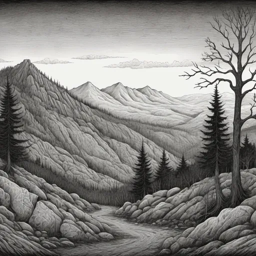 Prompt: Edward Gorey style illustration of the White Mountains, intricate crosshatching, eerie and mysterious atmosphere, overcast sky, vintage New Hampshire setting, gothic vibe, black and white, pen and ink, detailed linework, macabre storytelling, highly detailed, highres, vintage, eerie atmosphere, intricate details, atmospheric shading