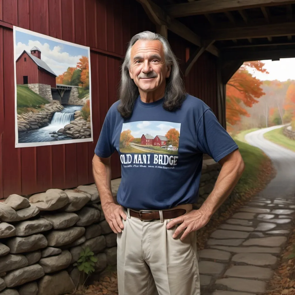 Prompt: Political poster for local candidate old man Rudy Gelsi with long dark hair, spray painted tee shirt, athletic pants, small New England town, covered bridge, stone wall, traditional painting, high quality, realistic, political, rural, detailed clothing, old brick mill, warm natural lighting