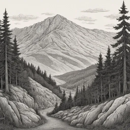 Prompt: Edward Gorey style illustration of the white mountains with eerie and mysterious atmosphere, vintage New Hampshire setting, gothic vibe, black and white, pen and ink, detailed linework, macabre storytelling, highly detailed, vintage, eerie atmosphere