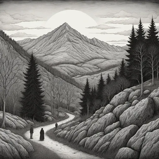 Prompt: Edward Gorey style illustration of the White Mountains, intricate crosshatching, eerie and mysterious atmosphere, overcast sky, vintage New Hampshire setting, gothic vibe, black and white, pen and ink, detailed linework, macabre storytelling, highly detailed, highres, vintage, eerie atmosphere, with townspeople 