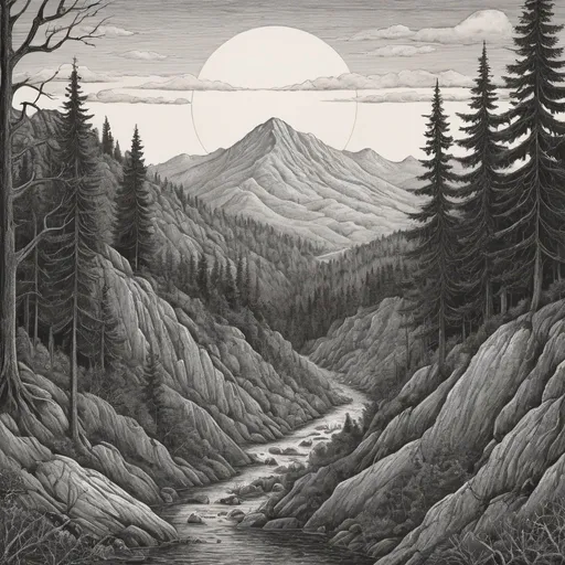 Prompt: Edward Gorey style illustration of the white mountains with eerie and mysterious atmosphere, vintage New Hampshire setting, gothic vibe, black and white, pen and ink, detailed linework, macabre storytelling, highly detailed, vintage, eerie atmosphere
