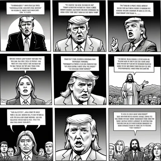 Prompt: A few panels of a Jack Chick tract, featuring Donald Trump instead of Jesus