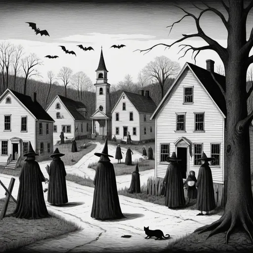 Prompt: Small town scene in style of Edward Gorey, with witch trial occuring in 1600s New Hampshire. Macabre, eerie setting. Black and white.