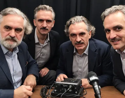 Prompt: Photo of Karl Marx, Hitler, Noam Chomaky and Jordan Peterson hosting a podcast