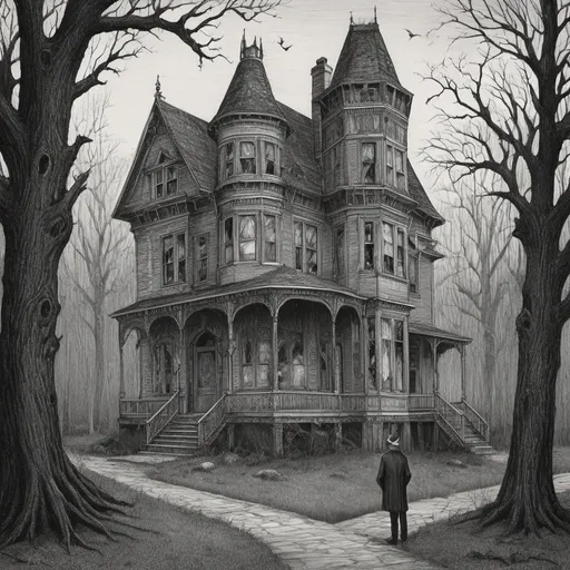 Prompt: Edward Gorey style illustrations of eerie and mysterious atmosphere, vintage New Hampshire setting, gothic vibe, black and white, pen and ink, detailed linework, macabre storytelling, highly detailed, vintage, eerie atmosphere