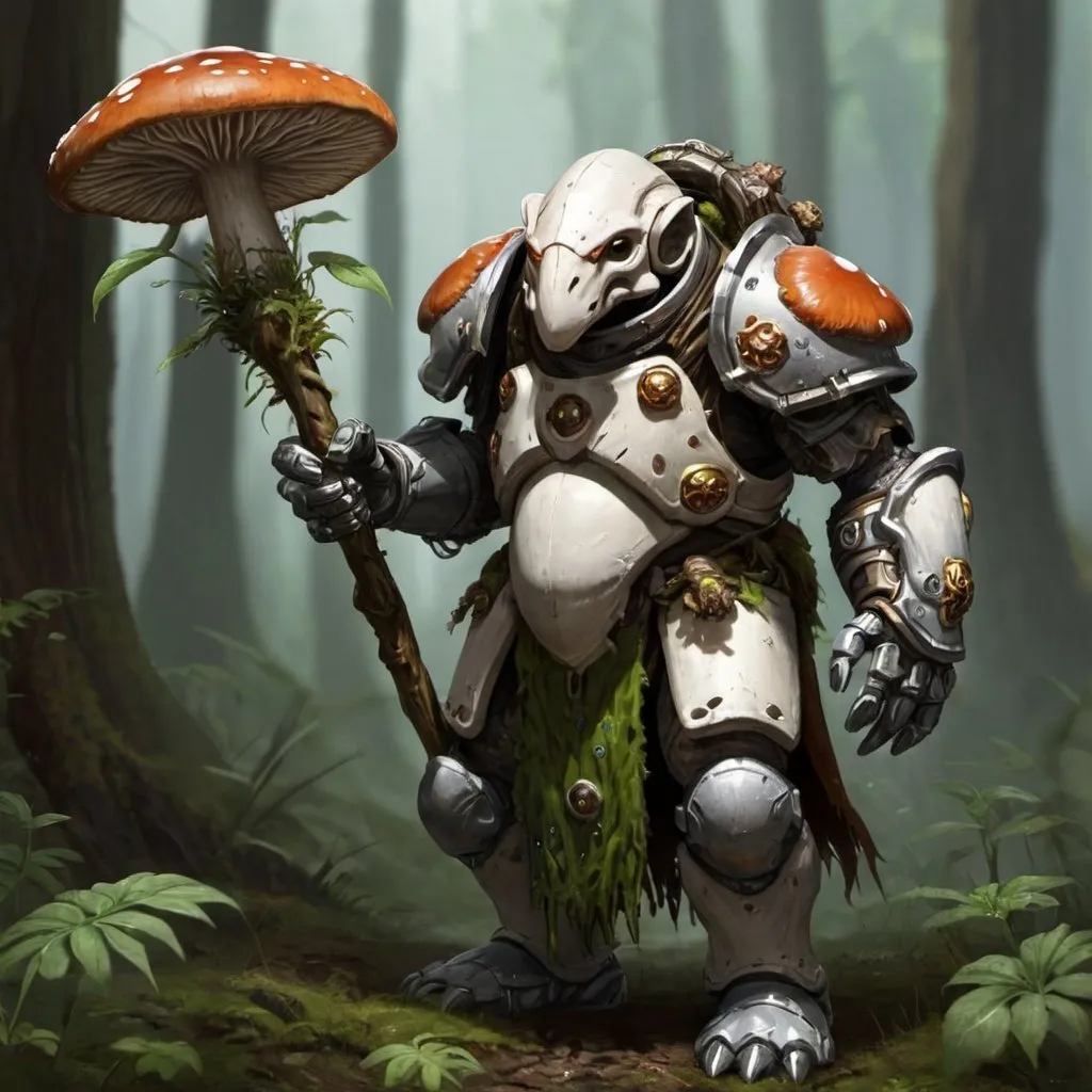 Prompt: Warforged Circle of Spores druid, make staff more mushroom 