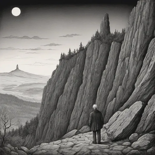 Prompt: Edward Gorey style illustration of The Old Man of the Mountain Rock formation with eerie and mysterious atmosphere, vintage New Hampshire setting, gothic vibe, black and white, pen and ink, detailed linework, macabre storytelling, highly detailed, vintage, eerie atmosphere