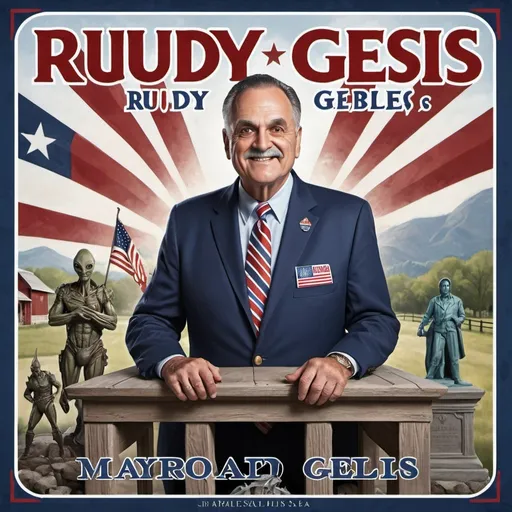 Prompt: Political poster ad for Rudy Gelsi, mayoral candidate, alien-themed town, statues, covered bridge, patriotic color scheme, realistic painting, detailed features, historical references, vintage style, professional lighting, high resolution, Americana, detailed statues, traditional art style, vintage poster design, American flag colors