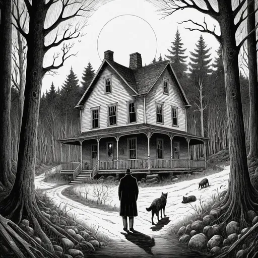 Prompt: Edward Gorey style illustration of Littleton, NH with eerie and mysterious atmosphere, vintage New Hampshire setting, gothic vibe, black and white, pen and ink, detailed linework, macabre storytelling, highly detailed, highres, vintage, eerie atmosphere, with person at their remote hunting cabin in the forest