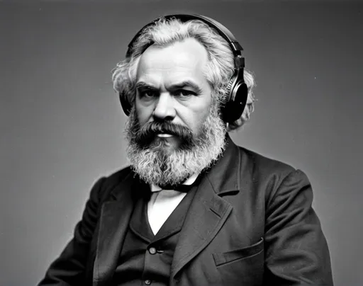Prompt: Photo of Karl Marx wearing modern headphones