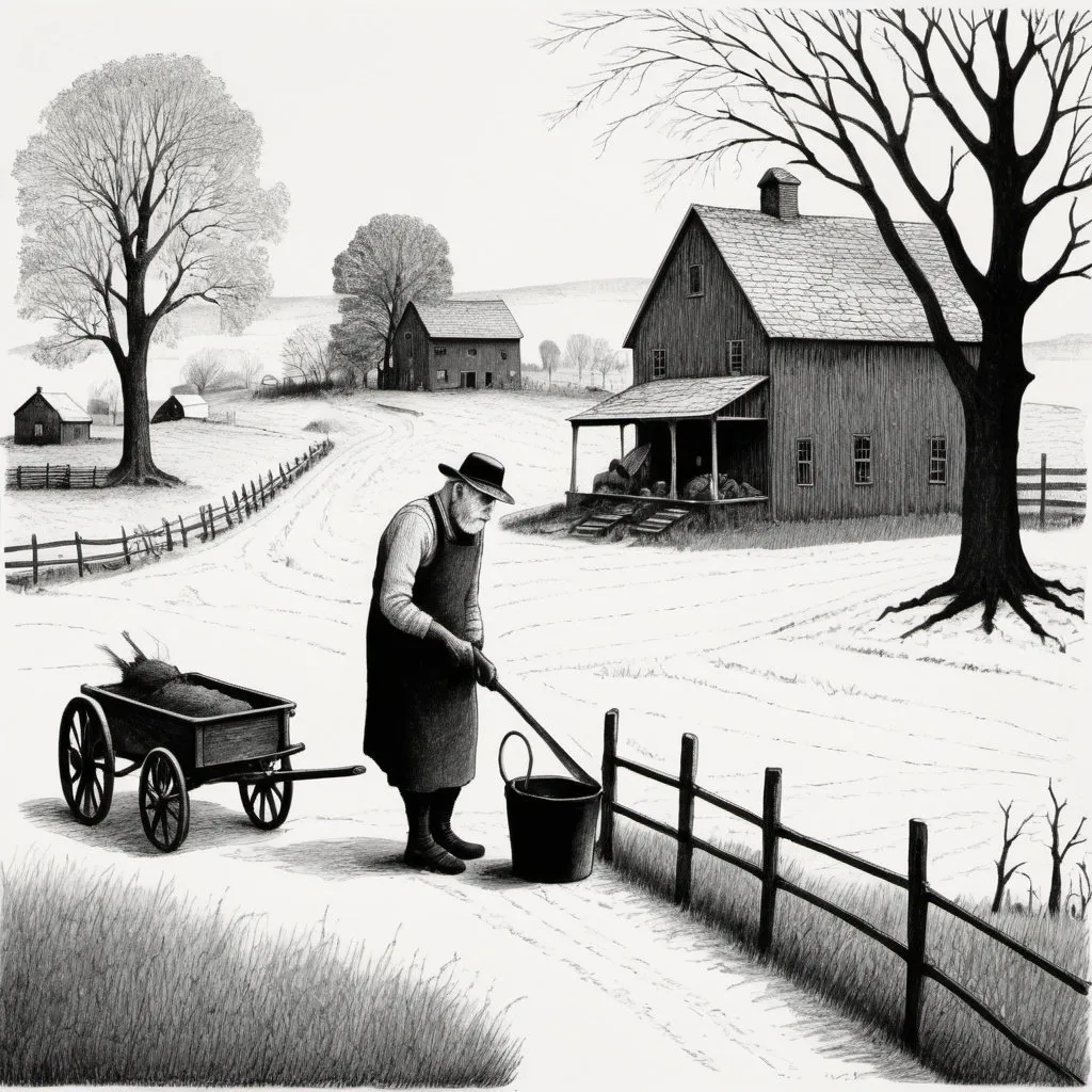 Prompt: scene in style of Edward Gorey, with one elderly poor person working on an early 1900s farm by himself. In New Hampshire. Eerie setting. Black and white. Drawn picture with cross hatching.