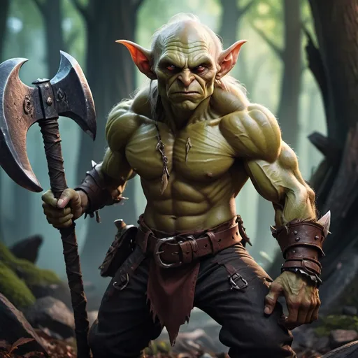 Prompt: dnd goblin with exposed chest and a battle axe. wearing moist pants.