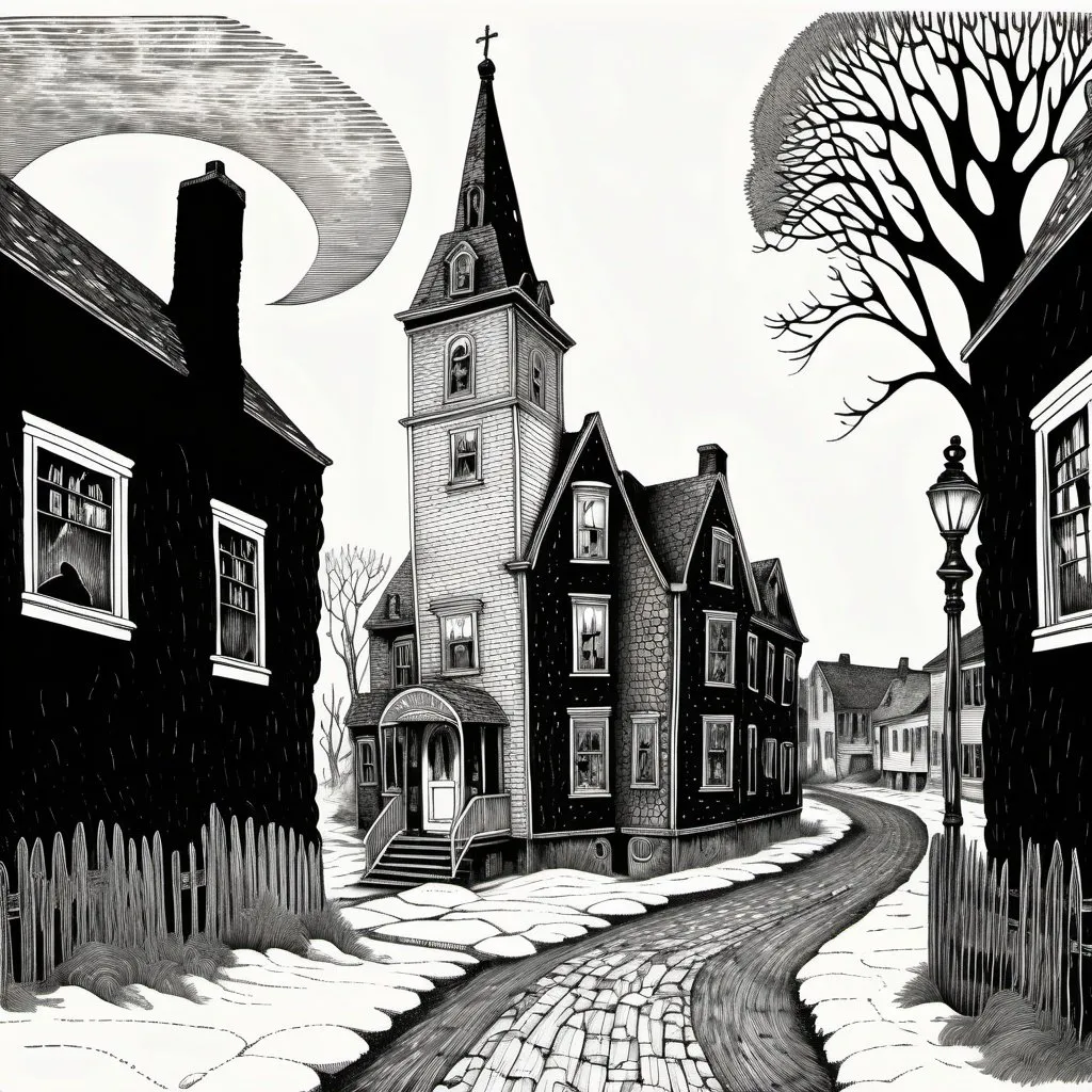 Prompt: Edward Gorey style illustrations of eerie and mysterious town, vintage New Hampshire setting, gothic vibe, black and white, pen and ink, detailed linework, macabre storytelling, highly detailed, vintage, eerie atmosphere