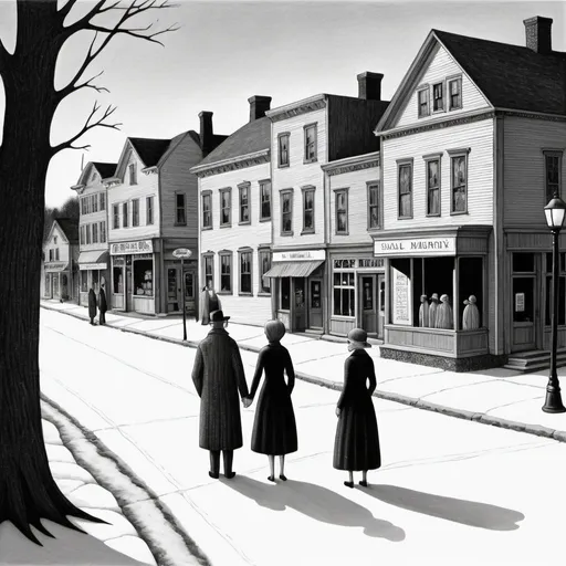 Prompt: Small town scene in style of Edward Gorey, with two townspeople meeting in the town center. In New Hampshire. Eerie setting. Black and white.