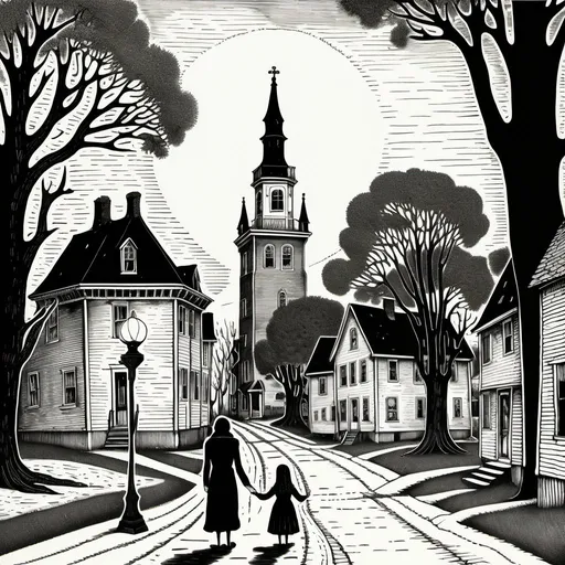 Prompt: Edward Gorey style illustrations of eerie and mysterious town, vintage New Hampshire setting, gothic vibe, black and white, pen and ink, detailed linework, macabre storytelling, highly detailed, vintage, eerie atmosphere