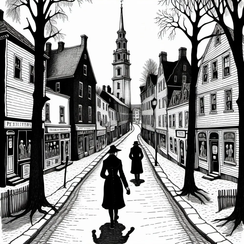 Prompt: Edward Gorey style illustrations of eerie and mysterious town with people walking around, vintage New Hampshire setting, gothic vibe, black and white, pen and ink, detailed linework, macabre storytelling, highly detailed, vintage, eerie atmosphere