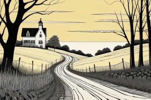 Prompt: Edward Gorey style new england landscape. black and white lines on light yellow background