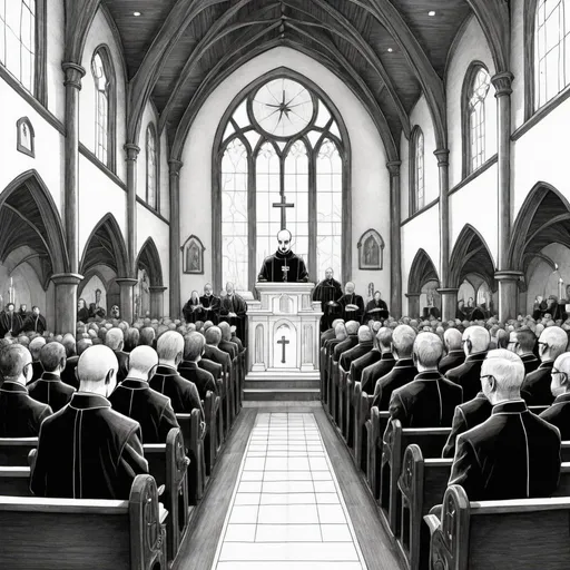 Prompt: drawing, edward gorey style catholic priest doing mass, in a packed church. slighly steampunk. black and white palette