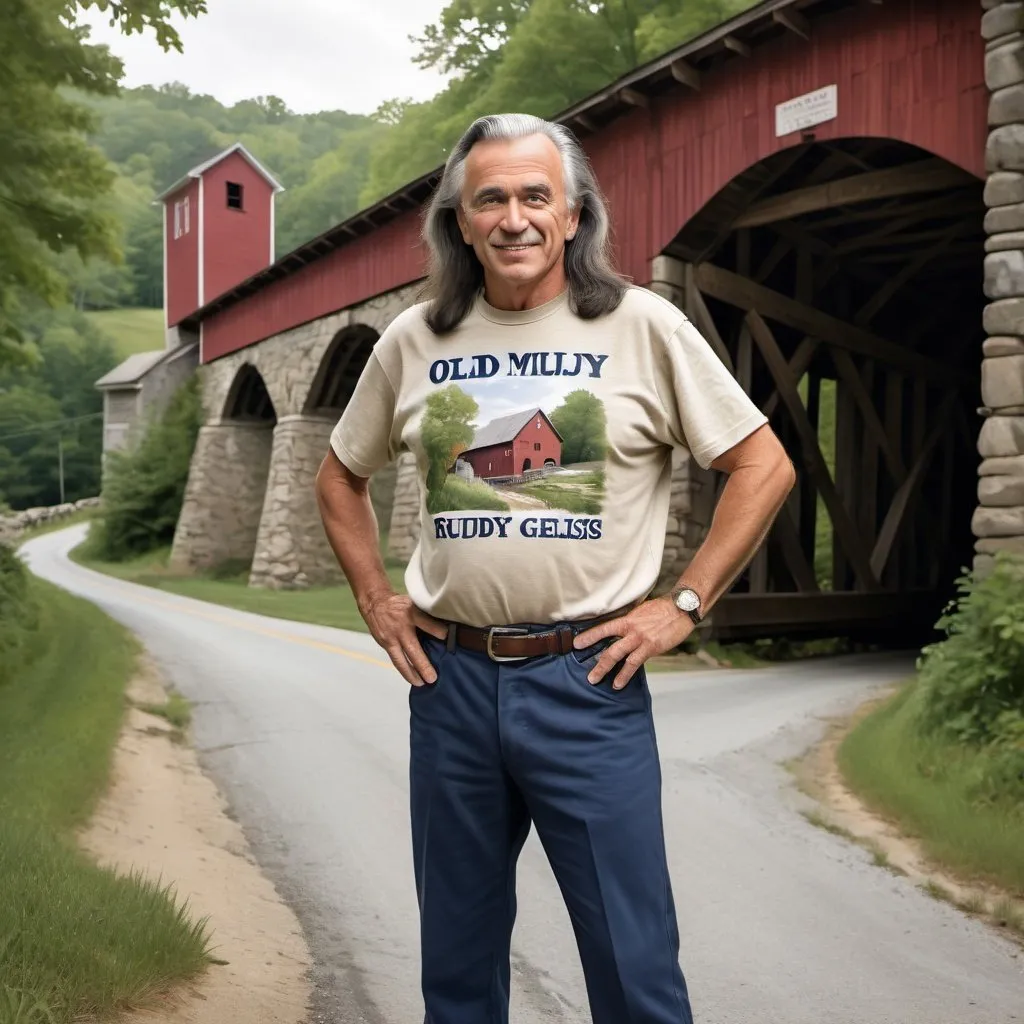 Prompt: Political poster for local candidate old man Rudy Gelsi with long dark hair, spray painted tee shirt, athletic pants, small New England town, covered bridge, stone wall, traditional painting, high quality, realistic, political, rural, detailed clothing, old brick mill, warm natural lighting