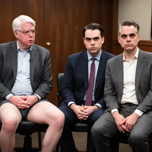 Prompt: Dennis Prager, Ben Shapiro and Jordan Peterson sit quietly in a room, only wearing loincloths 