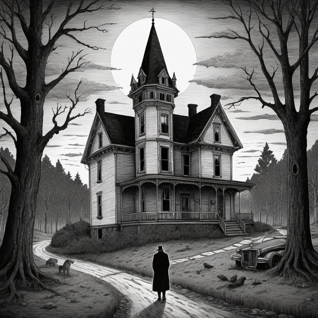 Prompt: Edward Gorey style illustration of Littleton, NH with eerie and mysterious atmosphere, overcast sky, vintage New Hampshire setting, gothic vibe, black and white, pen and ink, detailed linework, macabre storytelling, highly detailed, highres, vintage, eerie atmosphere, with person at their remote home 