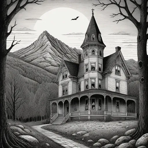 Prompt: Edward Gorey style illustration of the White Mountains, intricate crosshatching, detailed Victorian architecture, eerie and mysterious atmosphere, overcast sky, vintage New Hampshire setting, gothic vibe, black and white, pen and ink, detailed linework, macabre storytelling, classic artistic medium, highly detailed, highres, vintage, eerie atmosphere, intricate details, atmospheric shading