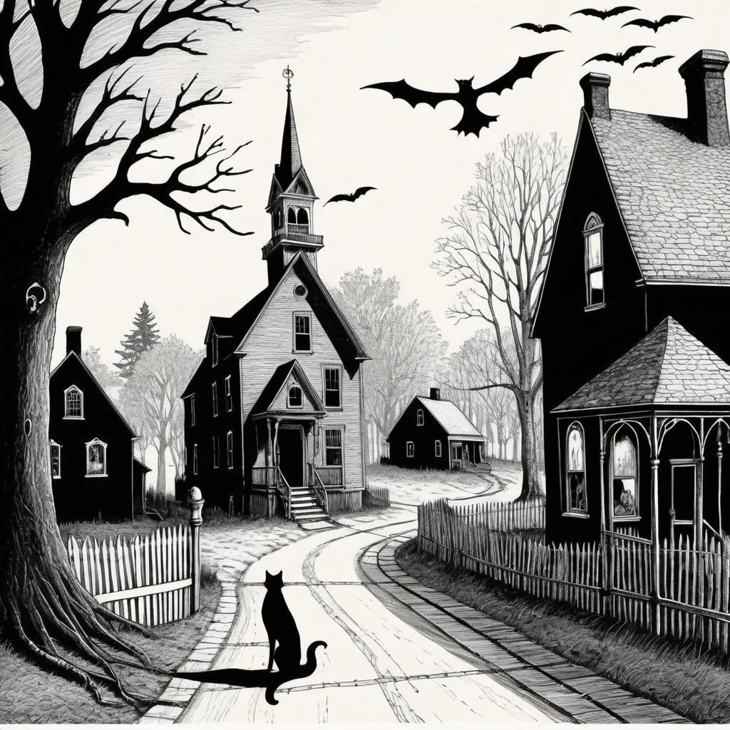 Prompt: Edward Gorey style illustrations of eerie and mysterious town, vintage New Hampshire setting, gothic vibe, black and white, pen and ink, detailed linework, macabre storytelling, highly detailed, vintage, eerie atmosphere