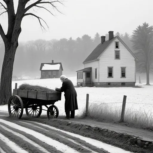 Prompt: Small town scene in style of Edward Gorey, with one elderly poor person working on an early 1900s farm by himself. In New Hampshire. Eerie setting. Black and white.