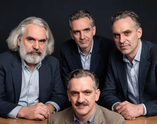 Prompt: Photo of Karl Marx, Hitler, Noam Chomaky and Jordan Peterson hosting a podcast