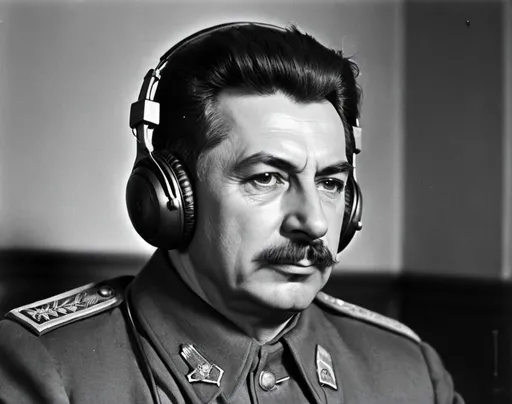 Prompt: Photo of Stalin wearing modern headphones