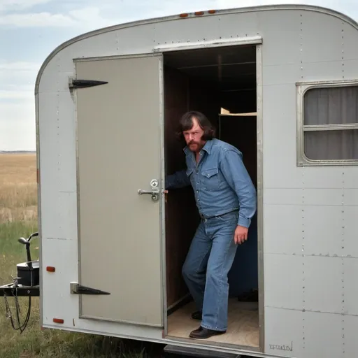 Prompt: Profile photo of 1970s conspiracy theorist hiding out in a trailer in Nebraska