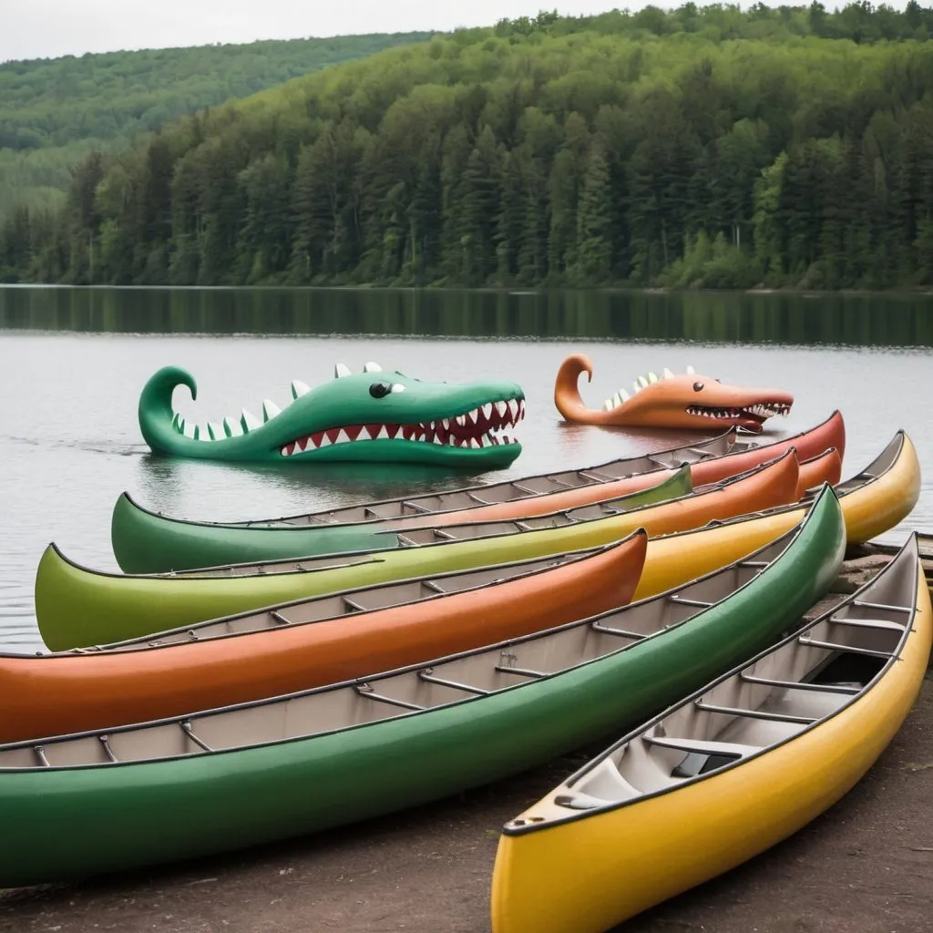 Prompt: A bunch of canoes being eaten by a lake monster