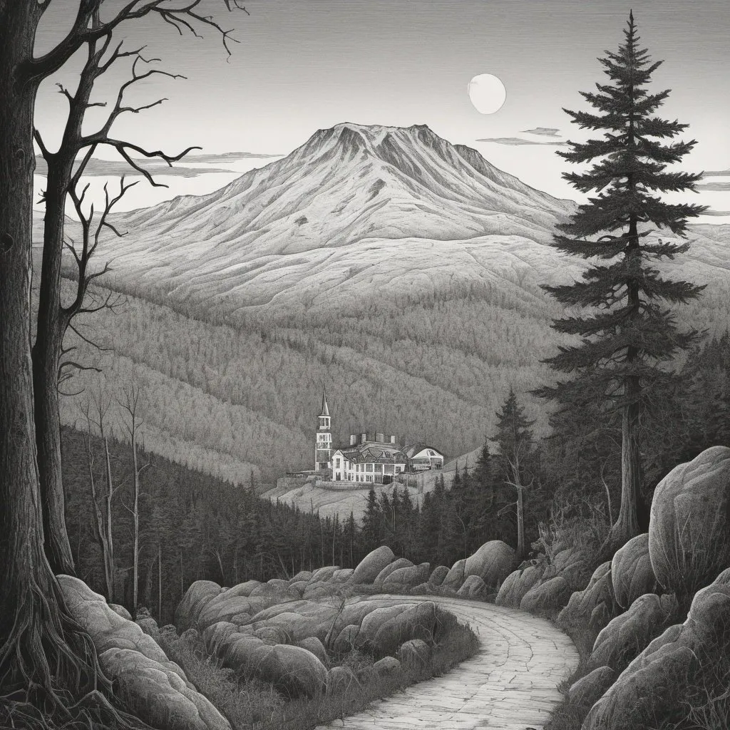 Edward Gorey style illustration of Mount Washington...