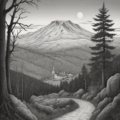 Prompt: Edward Gorey style illustration of Mount Washington with eerie and mysterious atmosphere, vintage New Hampshire setting, gothic vibe, black and white, pen and ink, detailed linework, macabre storytelling, highly detailed, vintage, eerie atmosphere
