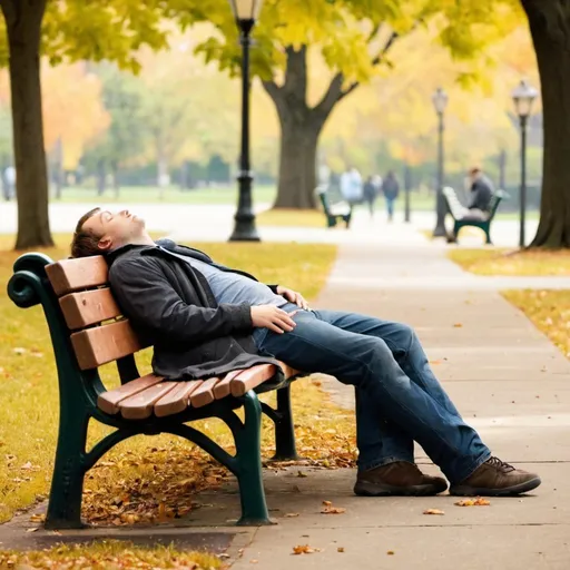 Prompt: Photo of man sleeping on public park bench. It is early fall, grass and leaves on ground 